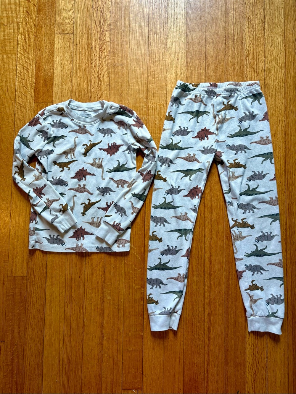 Janie and Jack White Dinosaur Print Pajama Set with Green & Brown Dinosaurs